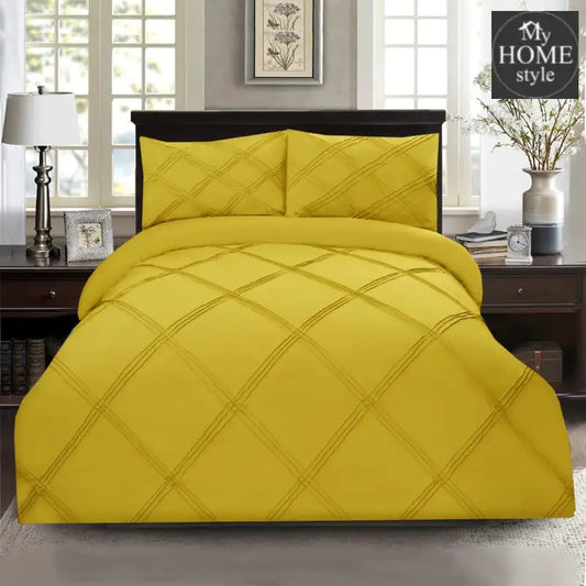 3 Pcs 3 Row Cross Pleated Duvet Set - Yellow - myhomestyle.pk