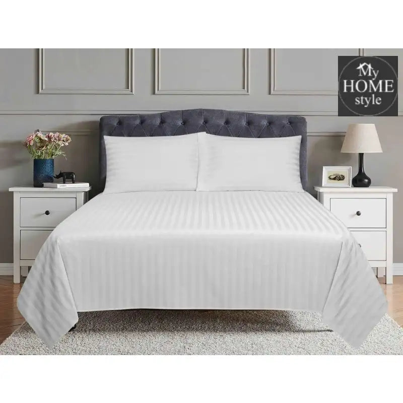 3 Pcs Satin Strip Bed Sheet White MHS-729 - myhomestyle.pk