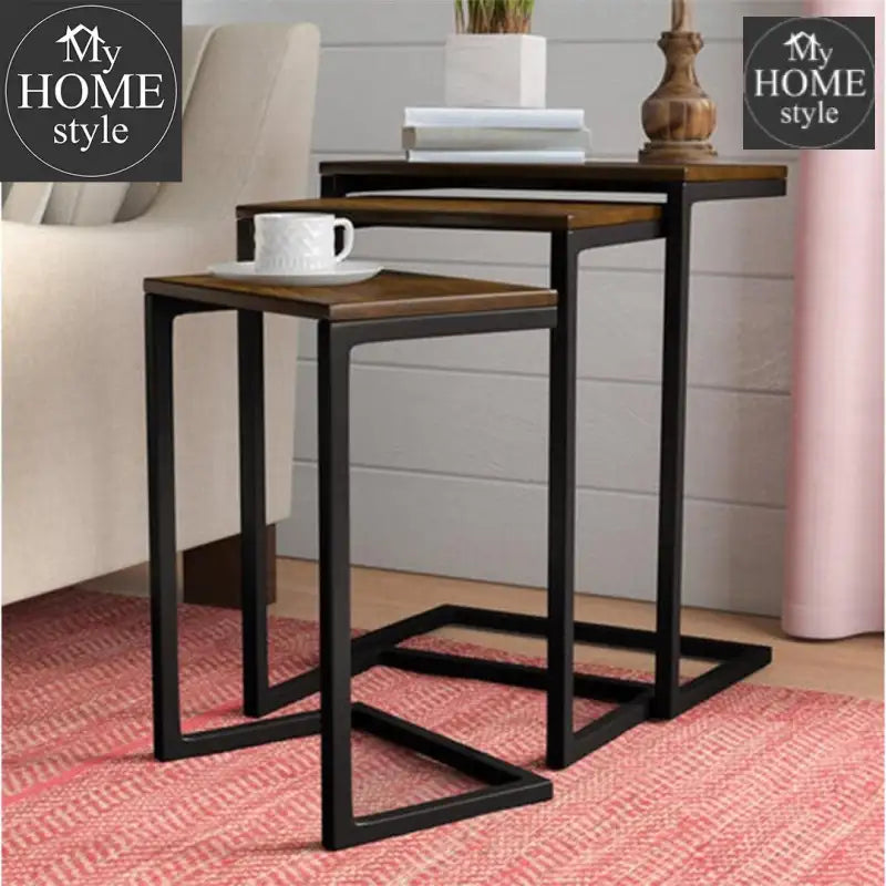 3-Piece Nesting Table Set Brown Rustic Rectangle Iron Wood Metal Finish - myhomestyle.pk