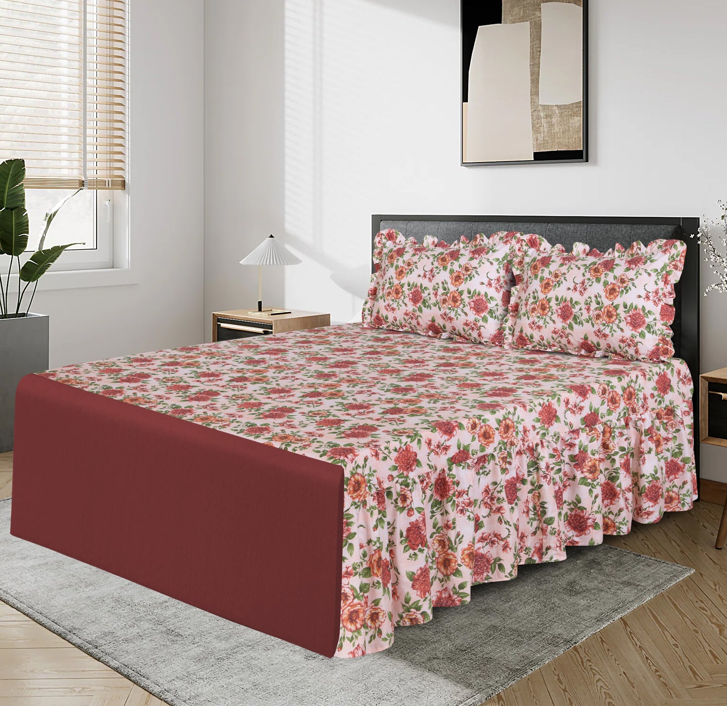 3 PCs Printed Bed skirt with Pillow cover 05