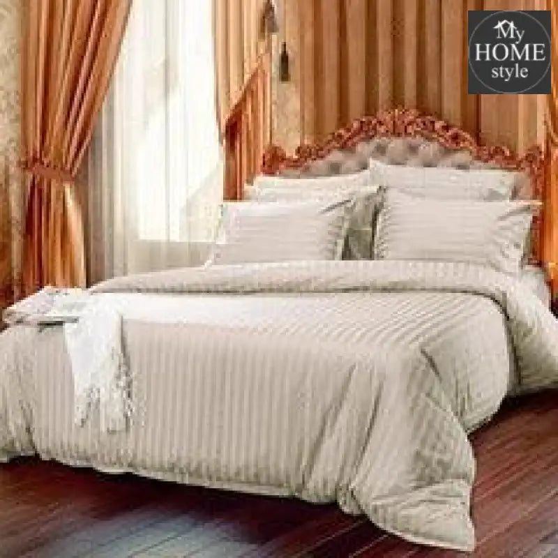 6 Pc's Luxury beige Satin Stripe Duvet Set - myhomestyle.pk