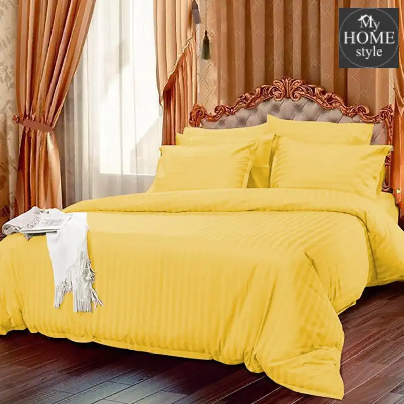 6 Pc's Luxury Butter Yellow Satin Stripe Duvet Set - myhomestyle.pk