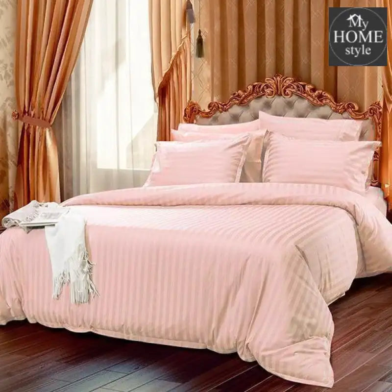 6 Pcs Luxury Light Pink Satin Stripe Duvet Set - myhomestyle.pk