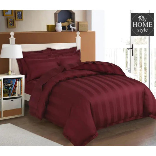 6 Pc's Luxury Satin Stripe Duvet Set Maroon - myhomestyle.pk