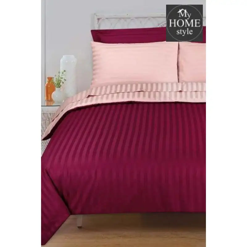 6 Pcs Luxury Tea Pink & Maroon Satin Stripe Duvet Set - myhomestyle.pk