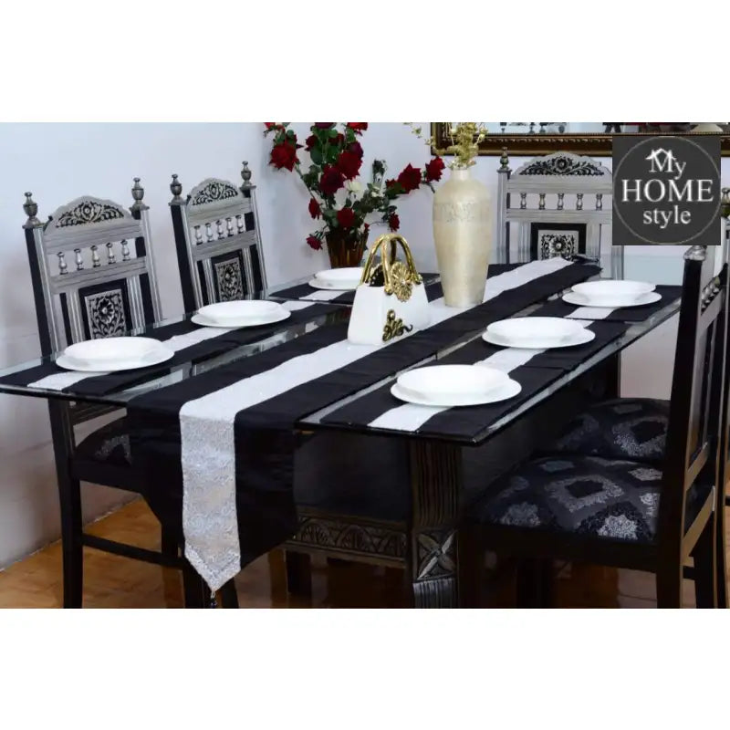 7 pcs Silk Black Table Runner Set With Place Mats - myhomestyle.pk