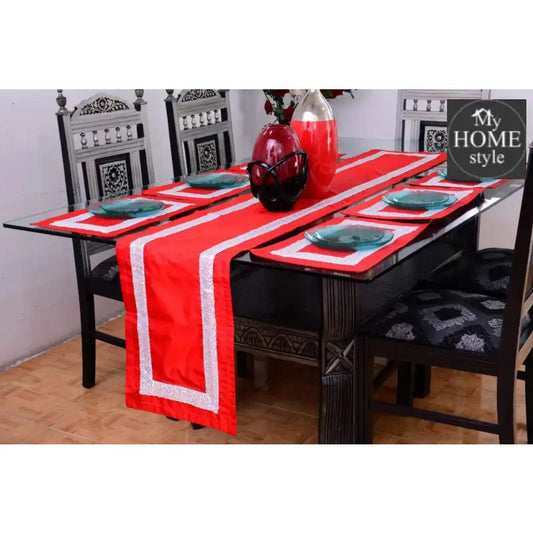 7 pcs Silk Red Table Runner Set With Place Mats - myhomestyle.pk