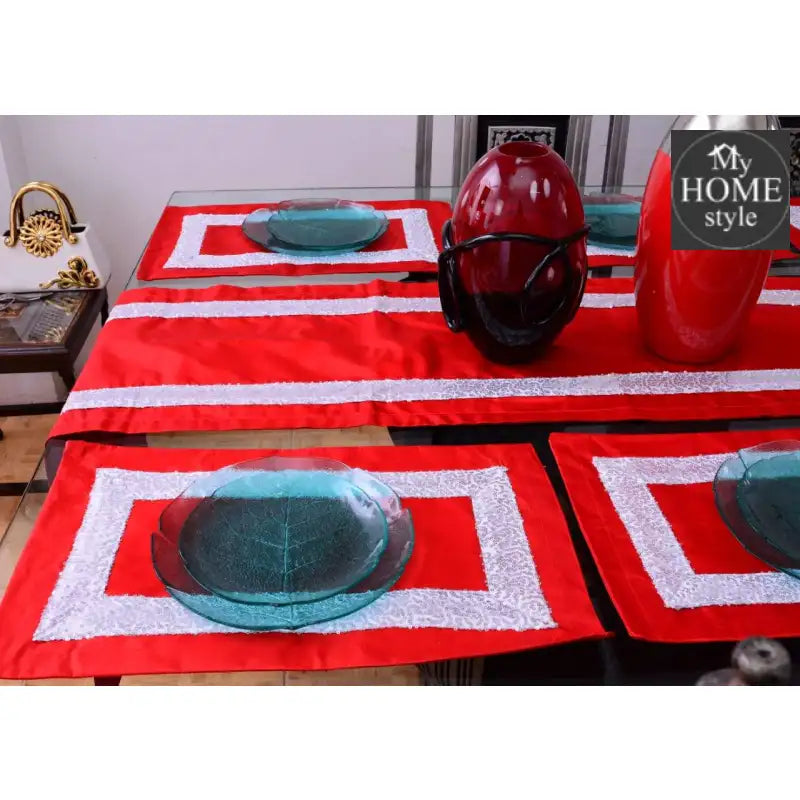 7 pcs Silk Red Table Runner Set With Place Mats - myhomestyle.pk