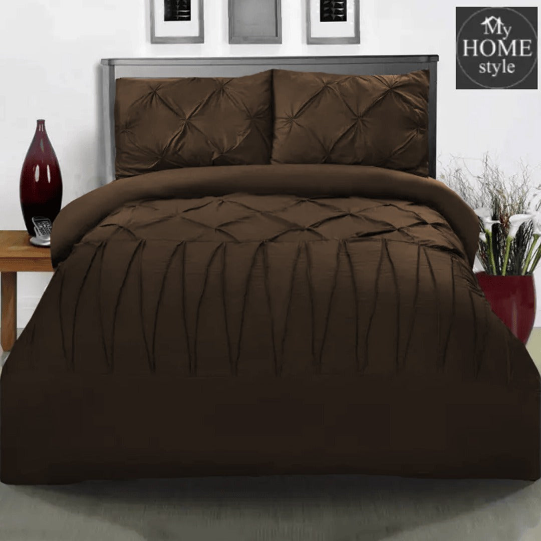 3 Pcs Pintuck & Cross Pleated Duvet Set - Brown