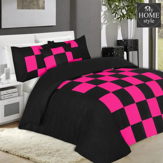 8 Pcs Chess Duvet Set Black & Shocking Pink - myhomestyle.pk