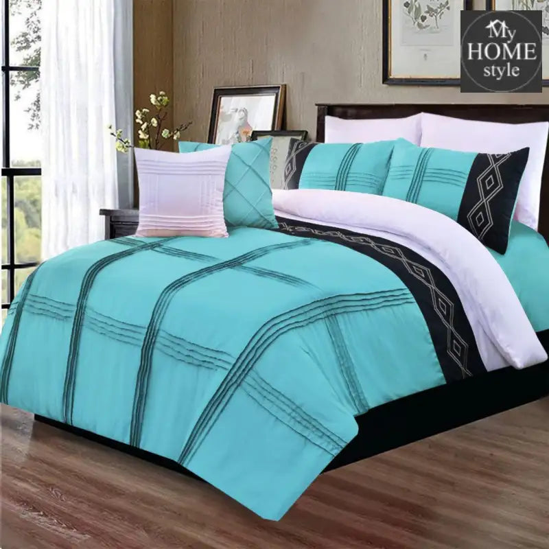 8 Pcs Embroidered Pleated Duvet Set Ocean Blue - myhomestyle.pk
