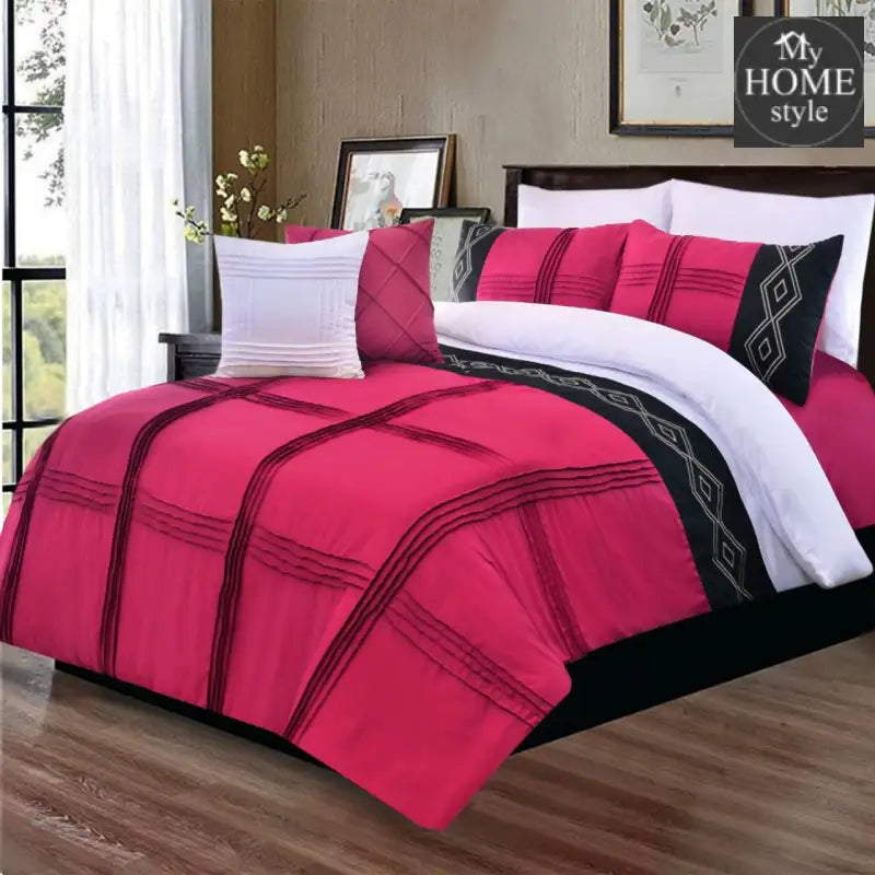 8 Pcs Embroidered Pleated Duvet Set Shocking Pink - myhomestyle.pk