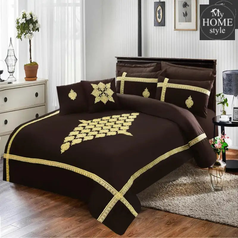 8 PCS Luxury  Duvet Set chocolate with golden Embroidery - myhomestyle.pk
