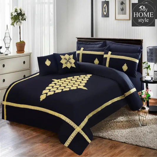 8 PCS Luxury Duvet Set Navy Blue with golden Embroidery - myhomestyle.pk