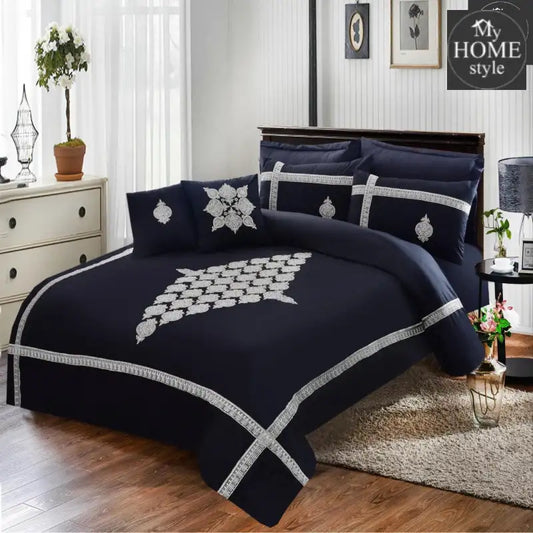 8 PCS Luxury  Duvet Set Navy Blue with Silver Embroidery - myhomestyle.pk