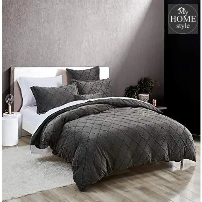 8 Pc's Velvet Cross Pleated Duvet Set - Charcoal - myhomestyle.pk