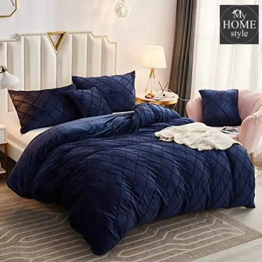 8 Pc's Velvet Cross Pleated Duvet Set - Navy - myhomestyle.pk