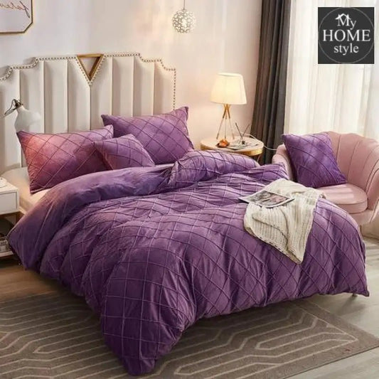 8 Pc's Velvet Cross Pleated Duvet Set - Purple - myhomestyle.pk