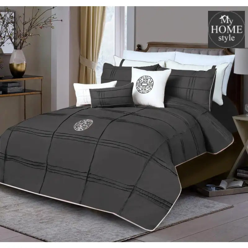 9 Pc's Pleated Embroidered & Corded Duvet Dark Grey - myhomestyle.pk