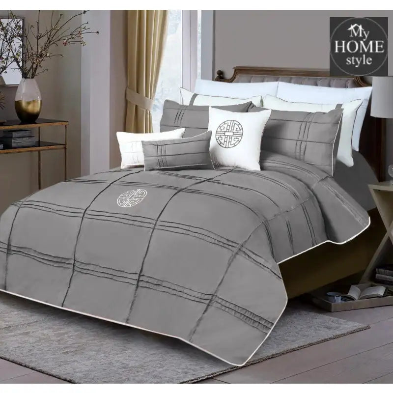 9 Pc's Pleated Embroidered & Corded Duvet Light Grey - myhomestyle.pk