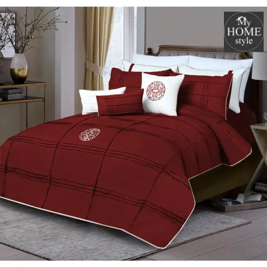 9 Pc's Pleated Embroidered & Corded Duvet Red - myhomestyle.pk