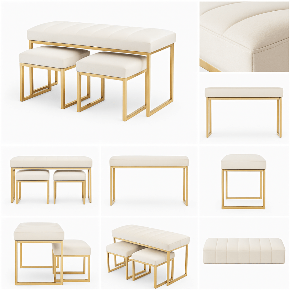 Aurora Modern Dressing Bench with Gold Base & Ottoman Pair - 1543 - myhomestyle.pk