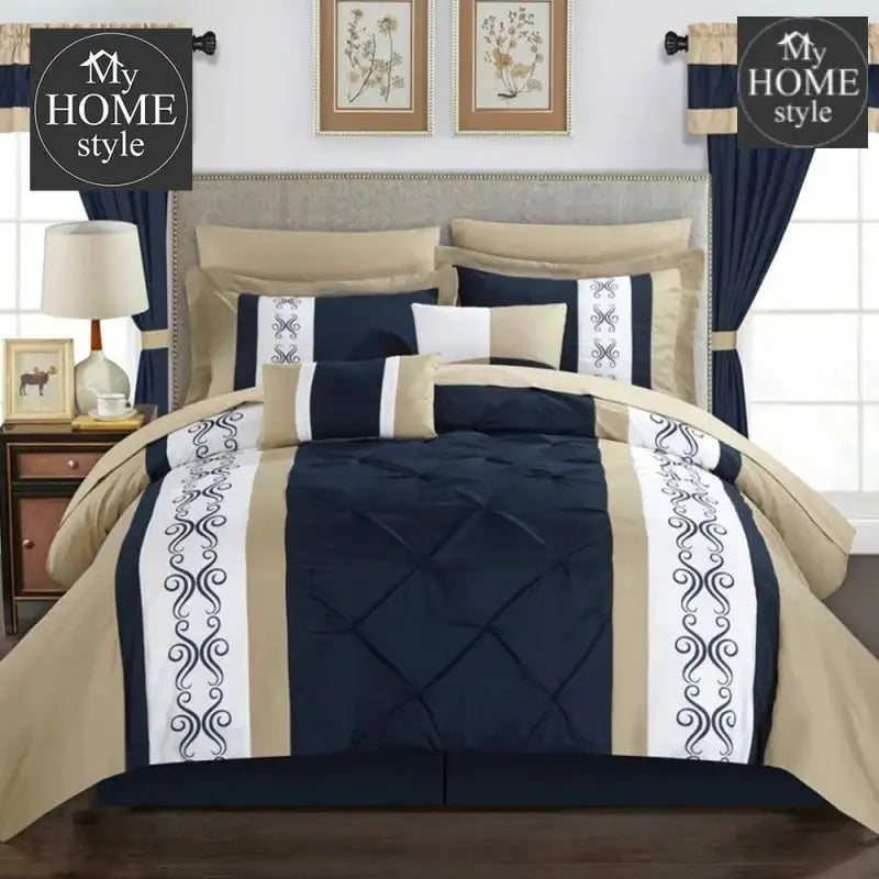 Beige And Navy Embroided Pintuck Duvet Set - myhomestyle.pk
