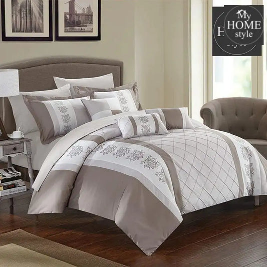 Beige and White Embroided Pleated Duvet Set - myhomestyle.pk
