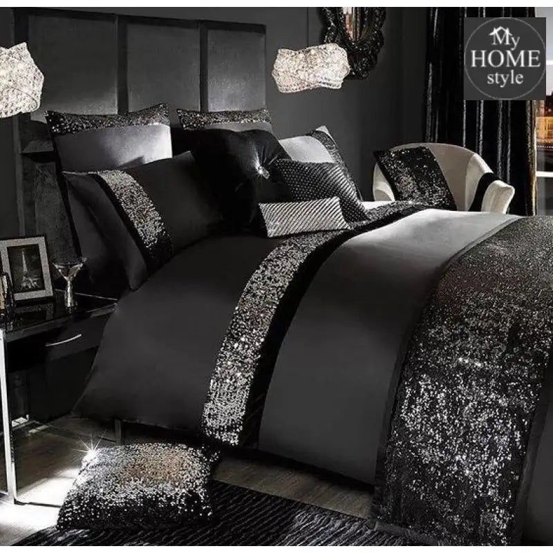 Black Luxury Sequenced Bridal set with Quilt Filling & Runner - myhomestyle.pk