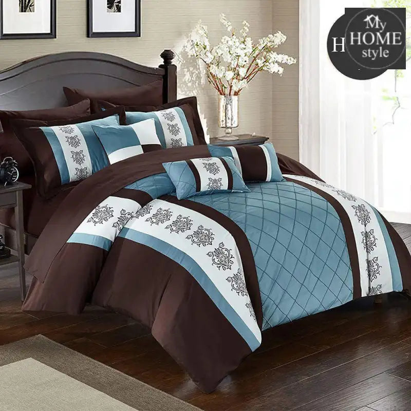 Brown And Blue Embroided Pleated Duvet Set - myhomestyle.pk