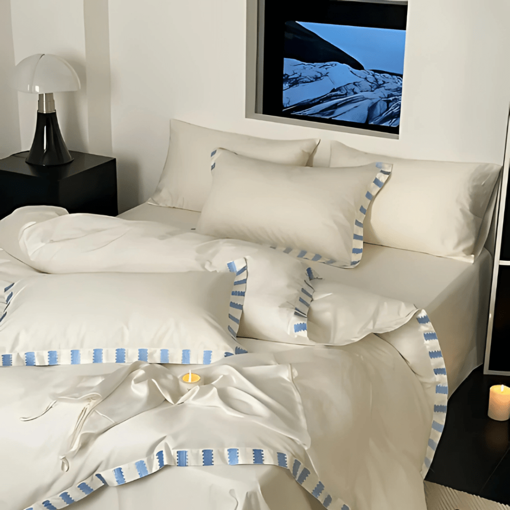 Classic White Satin Duvet Set with Modern Monochrome Border - 1278 - myhomestyle.pk