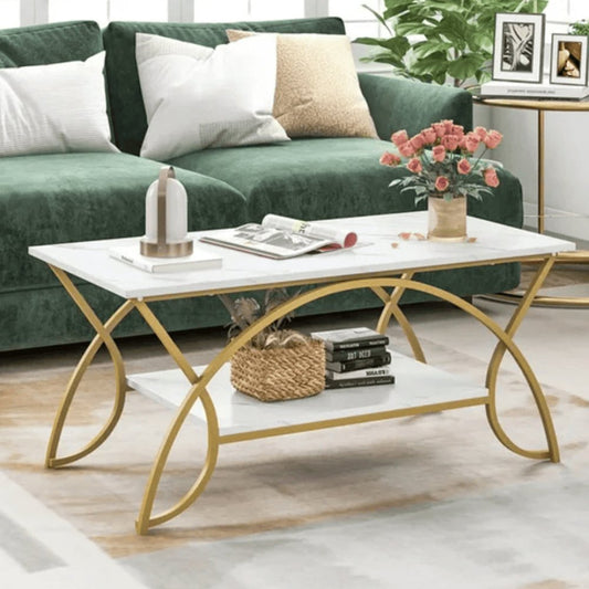 Costway Coffee Table Modern Marble 2 - Tier for Living Room - 1409 - myhomestyle.pk