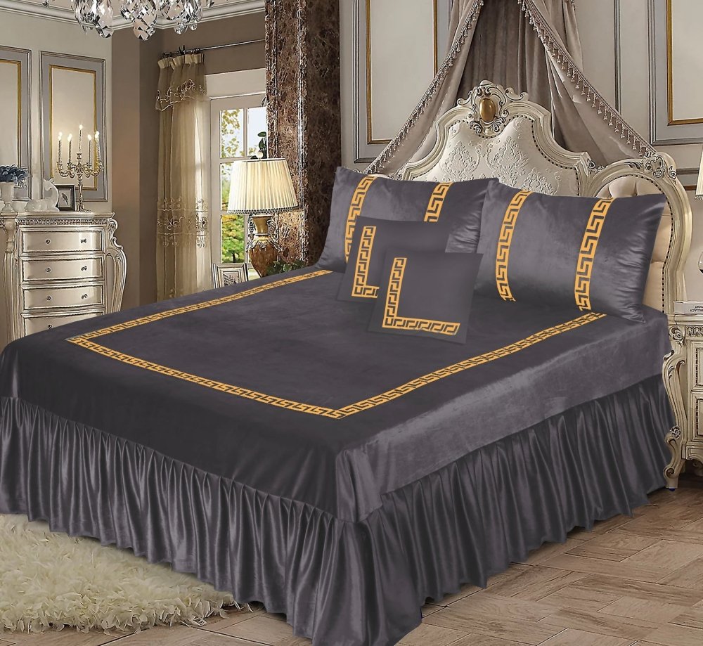 DARK GREY VELVET BEDSHEET SET - 5 PCS - myhomestyle.pk