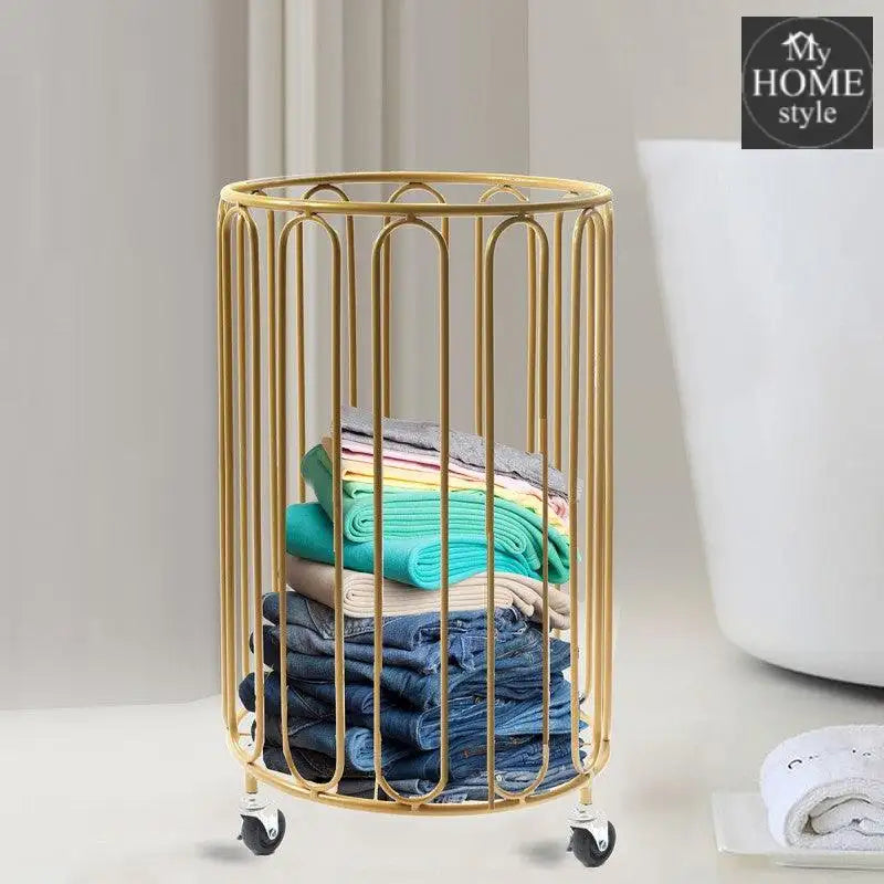 Electroplated Modern Round Metal Laundry Basket With Wheels - myhomestyle.pk