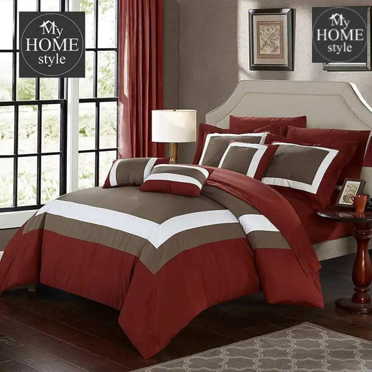 Embellish Patch Pleated Duvet Set - Brown And Red - myhomestyle.pk