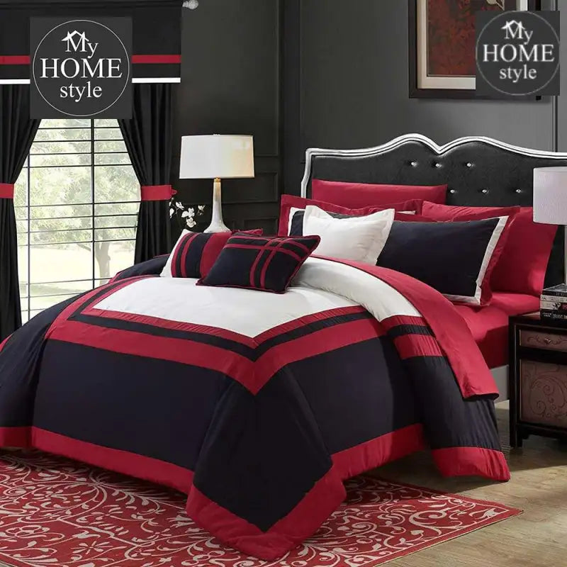 Embellish Patch Pleated Duvet Set - Red And Black - myhomestyle.pk