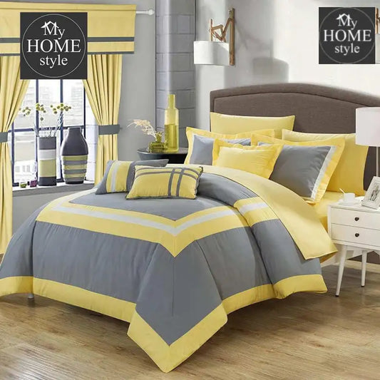 Embellish Patch Pleated Duvet Set - Yellow And Grey - myhomestyle.pk