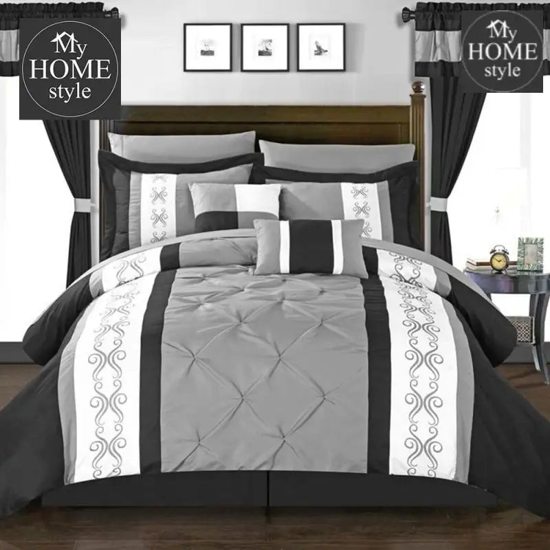 Grey And Black Embroided Pintuck Duvet Set - myhomestyle.pk