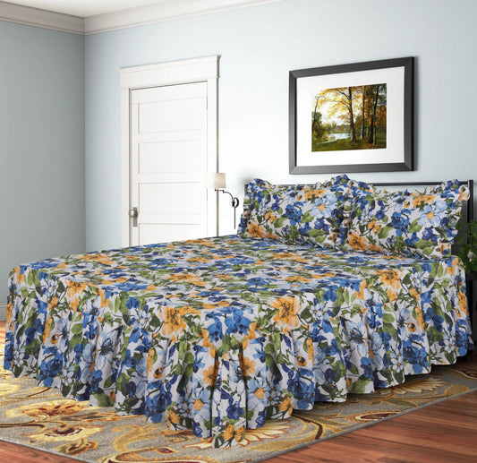 3 PCs Printed Bed skirt with Pillow cover - 1142