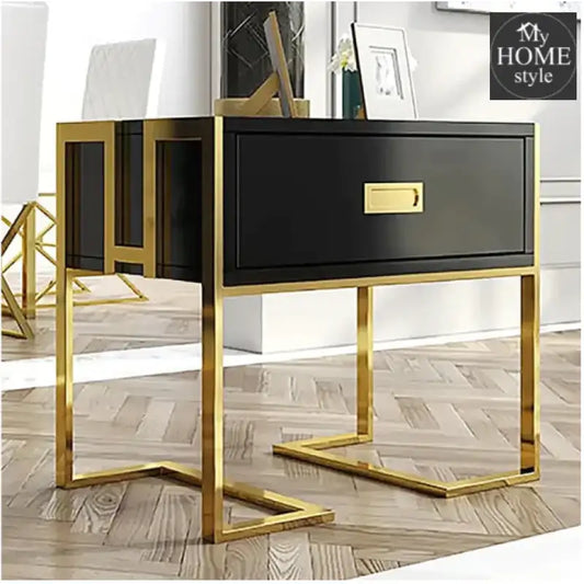 Jocise Modern White Side Table Wooden End With 1 Drawer & Golden Double Pedestal -1263 Black Home