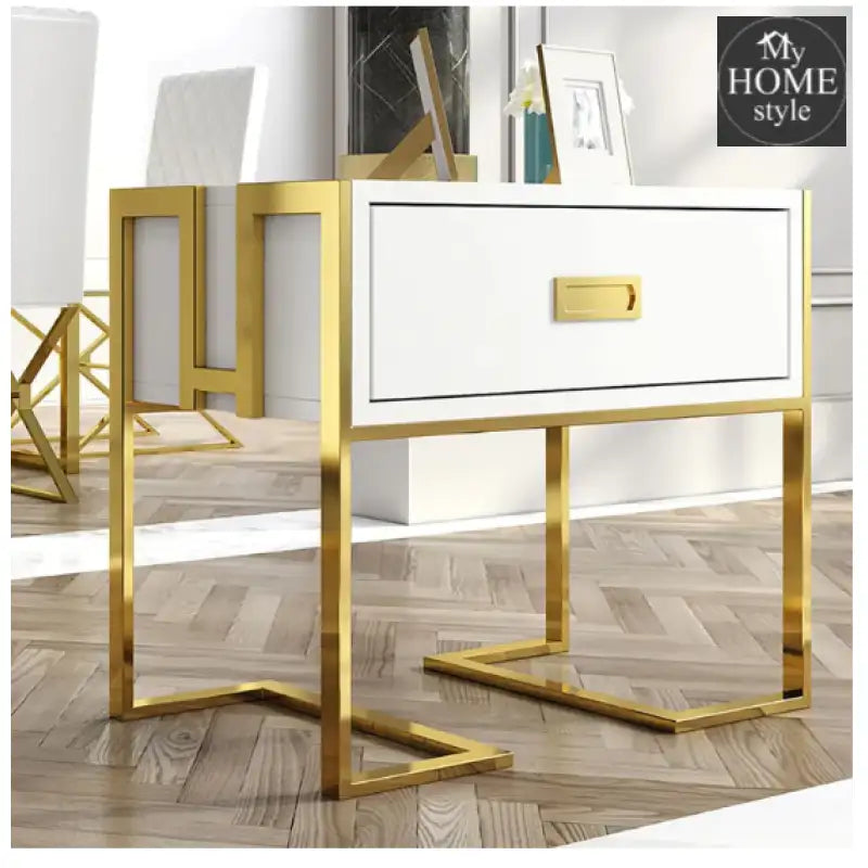 Jocise Modern White Side Table Wooden End With 1 Drawer & Golden Double Pedestal -1263 Home Garden