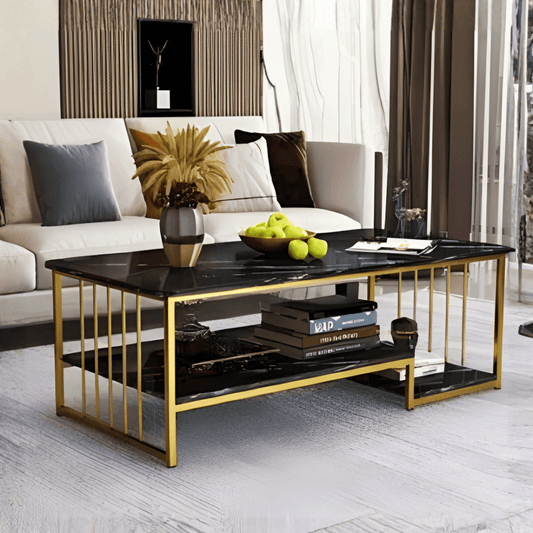 Luxury Two Layer Living Room Center Table with Gold Metal Frame - myhomestyle.pk