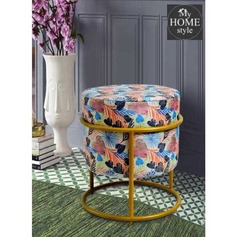 Luxury Wooden Round stool Printed Velvet With Steel Stand -1196 - myhomestyle.pk