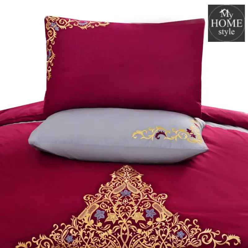 Mariana Centered Embroidered Motif Duvet Cover Set Maroon - myhomestyle.pk