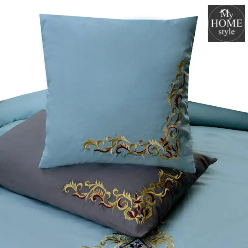 Mariana Centered Embroidered Motif Duvet Cover Set Sky Blue & Grey - myhomestyle.pk