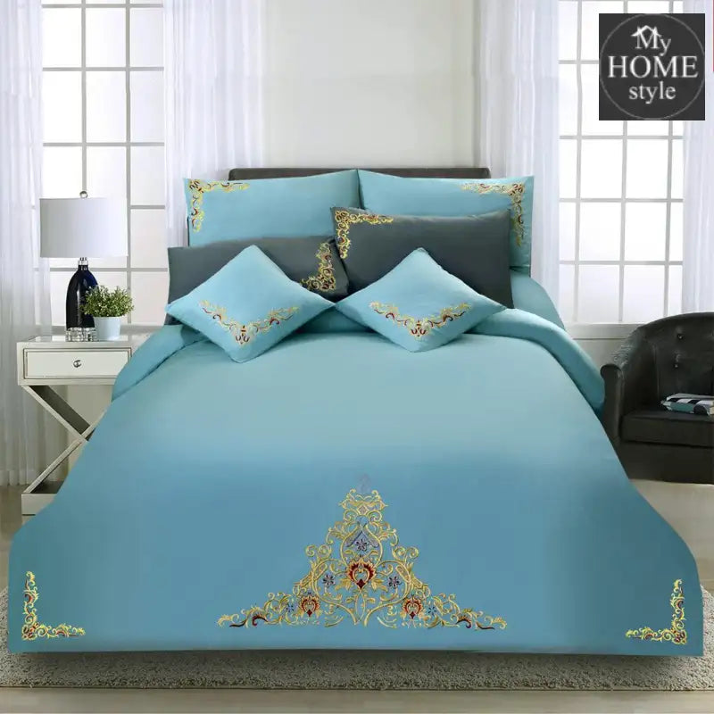 Mariana Centered Embroidered Motif Duvet Cover Set Sky Blue & Grey - myhomestyle.pk