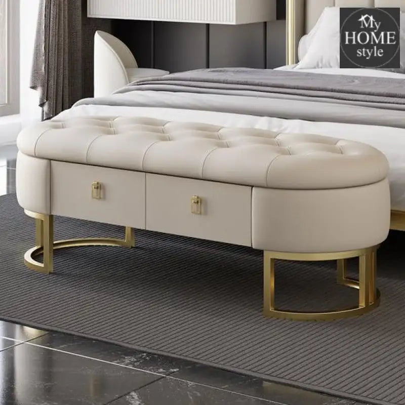 Modern Beige Bedroom Storage Tufted Bench with 2 Drawers in Leather Upholstery -1228 - myhomestyle.pk