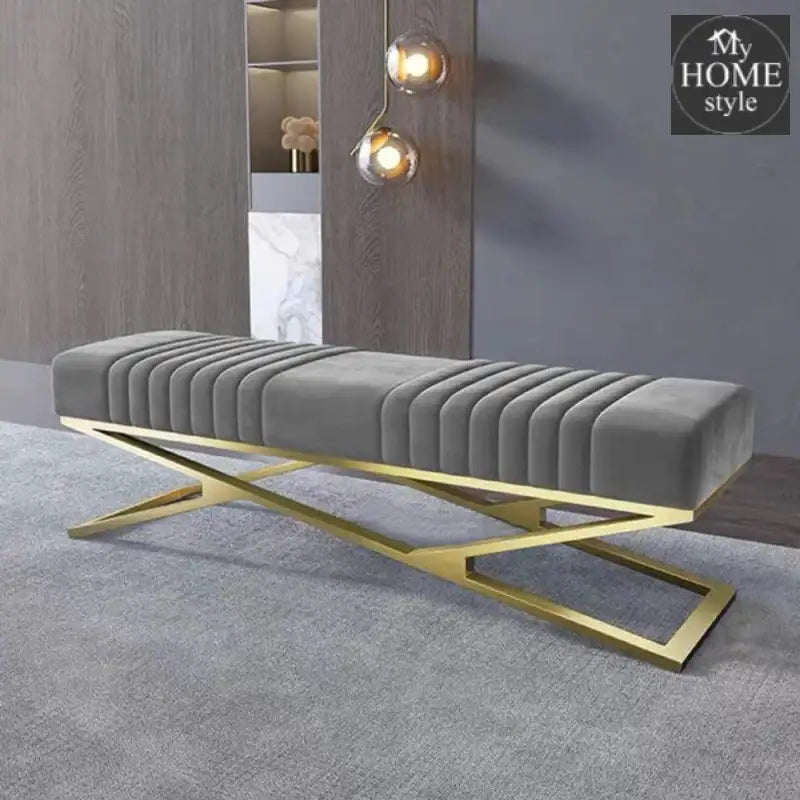 Modern Grey Velvet Upholstered Ottoman Bench in Gold -785 - myhomestyle.pk