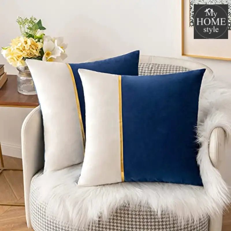 PACK OF 2 VELVET DECORATIVE SQUARE CUSHION - BLUE AND WHITE - myhomestyle.pk