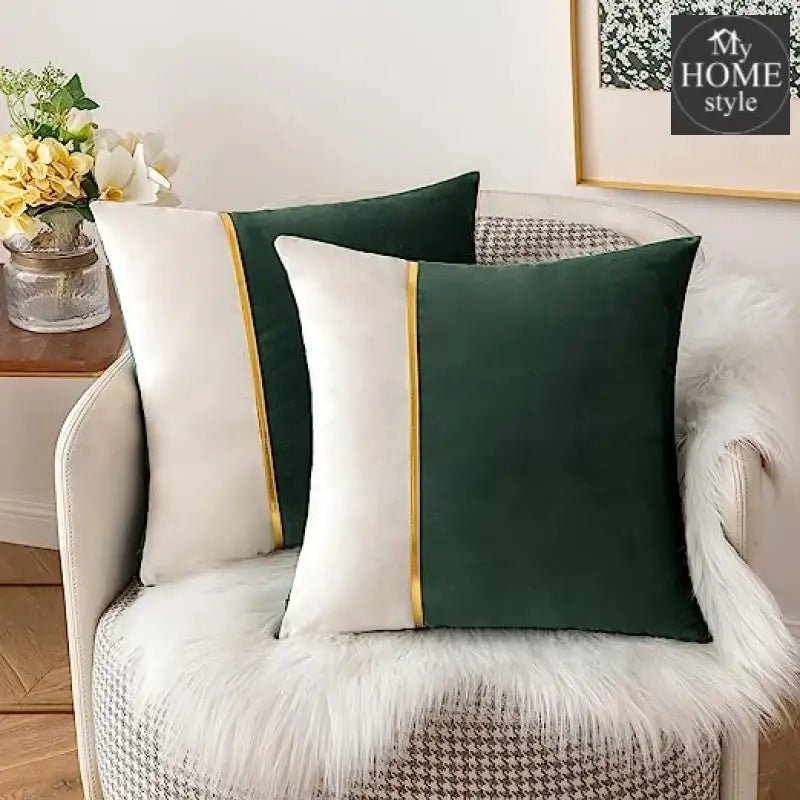 PACK OF 2 VELVET DECORATIVE SQUARE CUSHION - GREEN AND WHITE - myhomestyle.pk